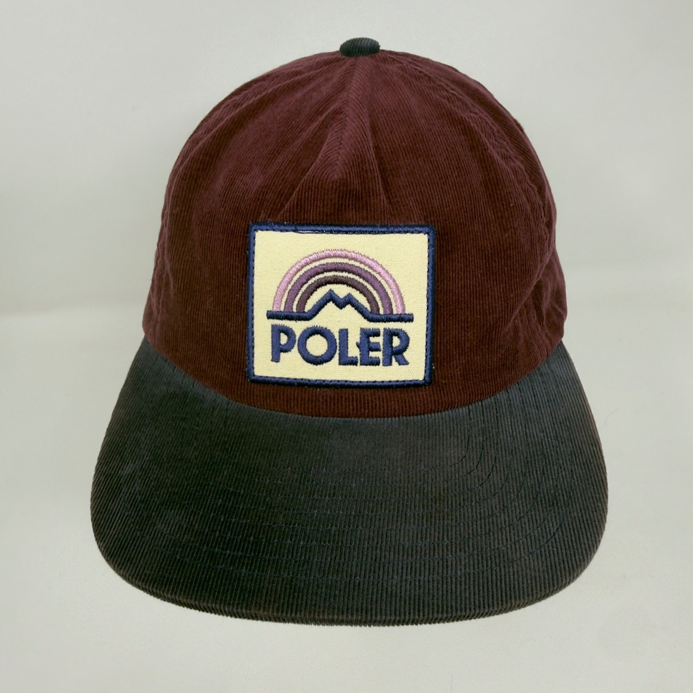 Poler Corduroy Snapback Hat Burgundy Navy Rainbow Mountain Patch Camp Vibes‎ Cap